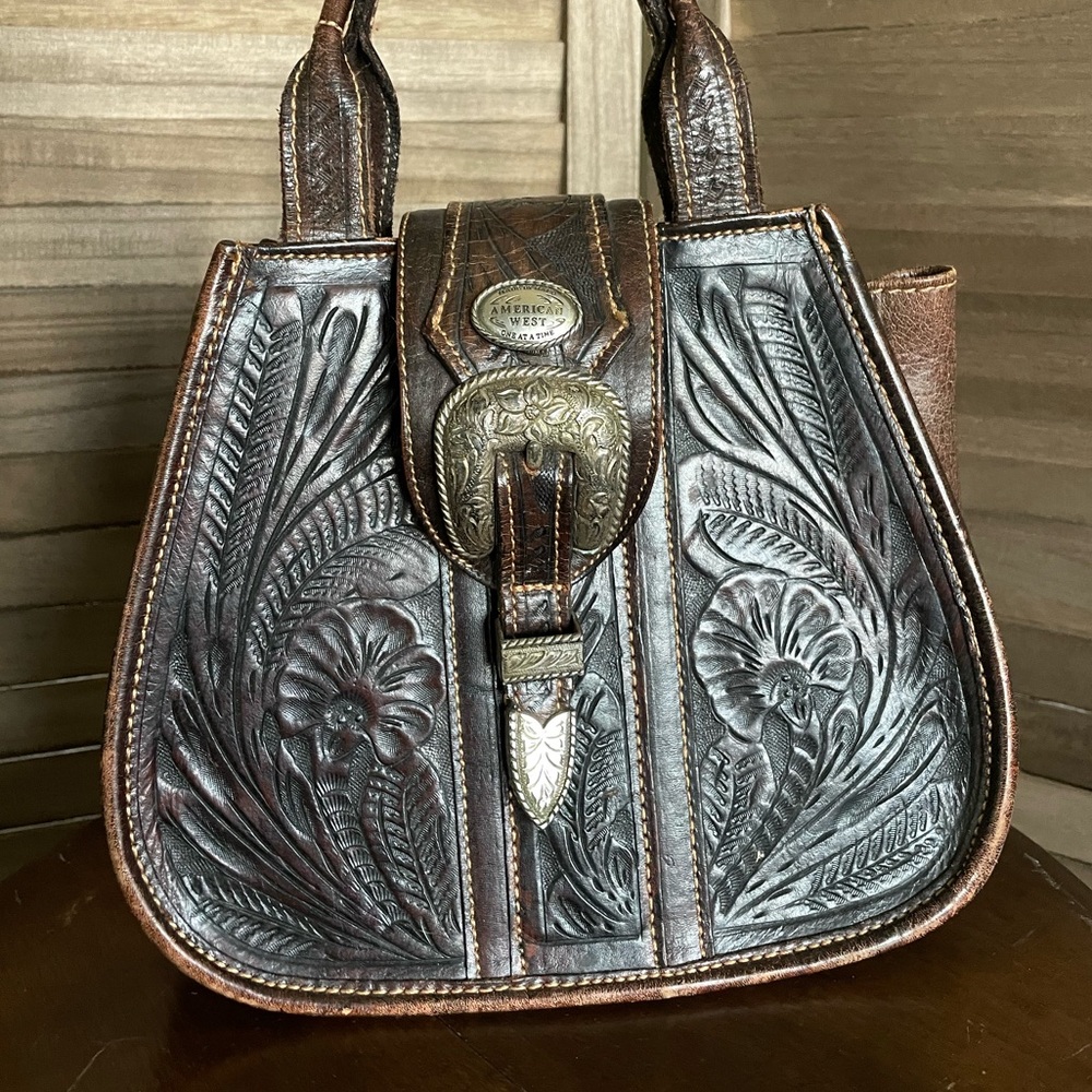 Vintage American West Western Tooled Leather Floral Satchel Tote Handbag Dark - Picture 5 of 10